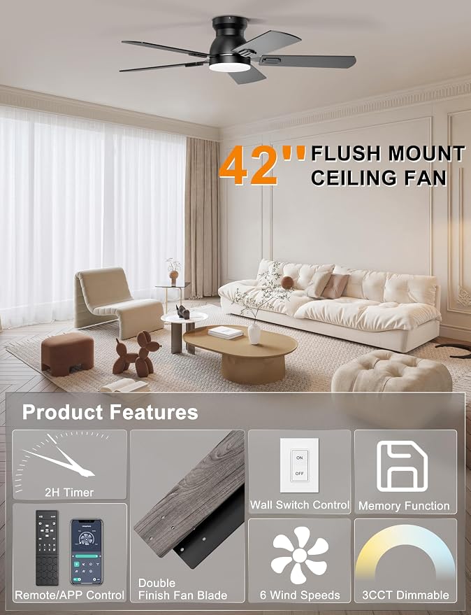 Ohniyou Ceiling Fans with Lights, 42 Inch Low Profile Ceiling Fan with Light and Remote/APP Control, Flush Mount, Dimmable, Quiet DC Motor, Black Small Indoor Ceiling Fan for Bedroom, Kitchen