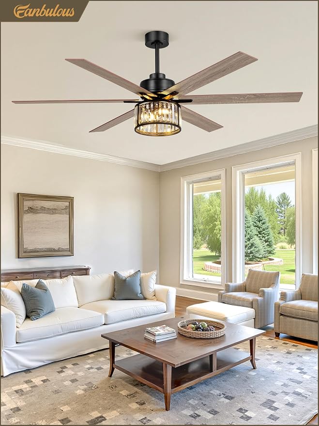 Fanbulous 65 Inch Farmhouse Crystal Ceiling Fan with Lights and Remote, Chandelier Ceiling Fan with Quiet Reversible DC Motor, Wood Blades - Ideal for Bedroom
