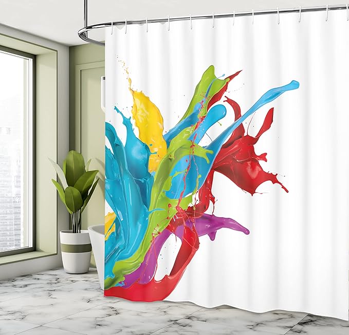 Ambesonne Colorful Shower Curtain, Surreal Fluid Liquid Flowing Paint Splash Featured Digital Graphic Print, Cloth Fabric Bathroom Decor Set with Hooks, 69" W x 75" L, Multicolor White