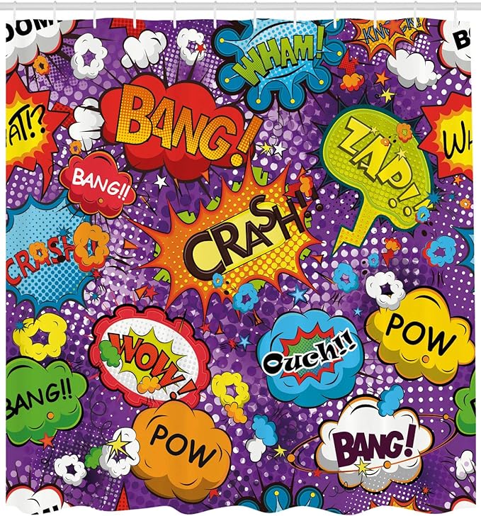 Ambesonne Retro Shower Curtain, Comic Book Style Speech Bubbles Effects Humorous Fun Pop Art Contemporary Design, Cloth Fabric Bathroom Decor Set with Hooks, 69" W x 75" L, Purple Orange