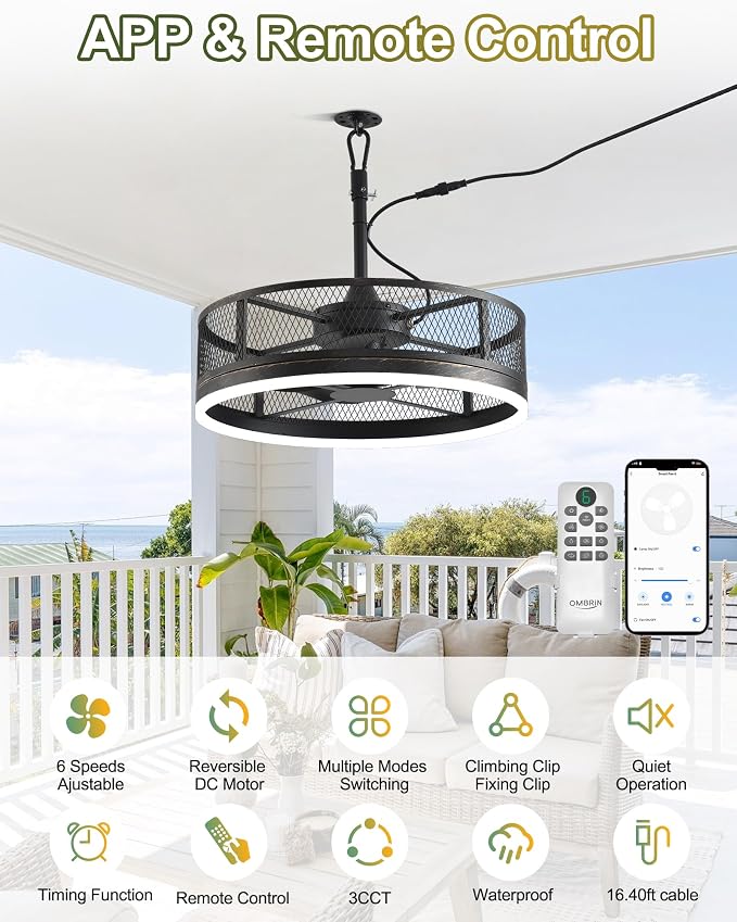 20'' Outdoor Ceiling Fan with Light, IP65 Waterproof Gazebo Hanging Fan, Remote Control, 3CCT, 6-Speed, Plug-in Caged Ceiling Fan for Patio Porch Pergola, Works with Alexa & Google Assistant