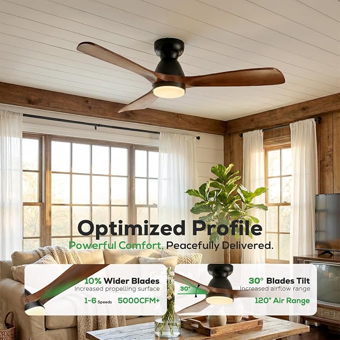 60in Smart Flush Mount Ceiling Fans with Lights,Outdoor Low Profile Ceiling Fan Quiet DC Motor,Work with Alexa/Gg Voice Control/App/Remote,Dimmable,6-speed,3 Wood blades Fan for Patio,Dark Walnut