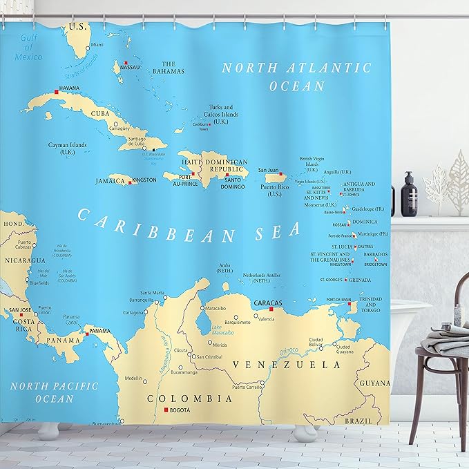 Ambesonne Map Print Shower Curtain, Caribbean Political Map Capitals National Borders Important Cities Rivers Lakes, Cloth Fabric Bathroom Decor Set with Hooks, 69" W x 70" L, Ivory Blue