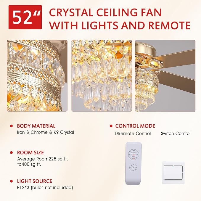 GJeg Crystal Ceiling Fan Fandelier with Lights - Retro Outdoor Fans with Remote Control, Farmhouse Ceiling Fan with Noiseless AC Reversible Motor,Dining Room,Living Room(52" Gold)