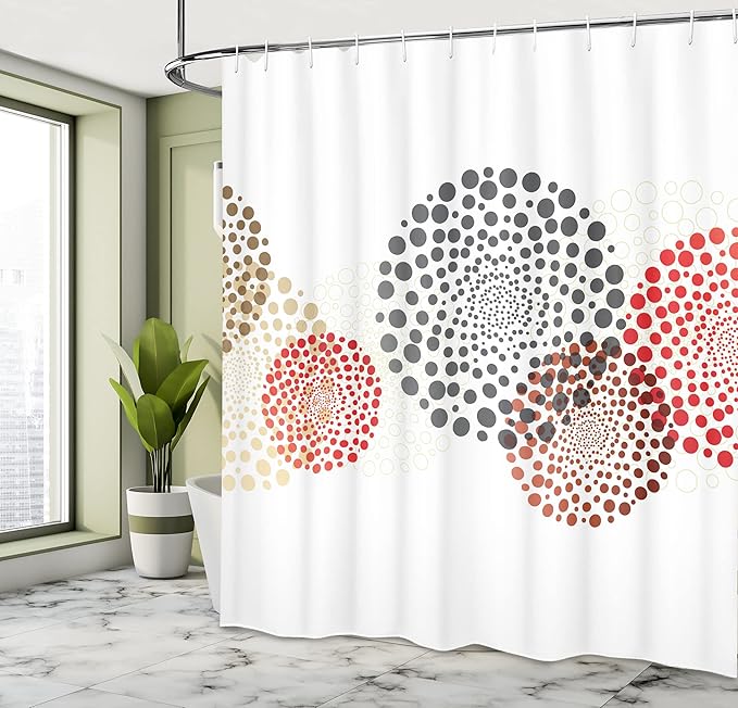 Ambesonne Abstract Shower Curtain, Modern and Cool Design with Abstract Dots Like and Circled Design Artwork, Cloth Fabric Bathroom Decor Set with Hooks, 69" W x 70" L, Red Grey