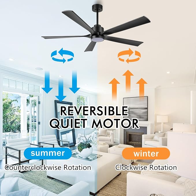 ELEHINSER 52" Modern Ceiling Fan with Light and Remote Control, 5 Solid Wood Blades 6-Speed Noiseless Reversible DC Motor, Ceiling Fan for Bedroom Dinning Living Room, Black