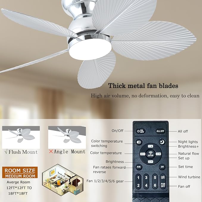 GJeg Tropical Ceiling Fans with Light, 38-inch Flush Mount Palm Leaf Ceiling Fans for Bedrooms, Indoors and Outdoors, Remote Control/APP Control, 6-Speed, Dimmable, Reversible,Chrome