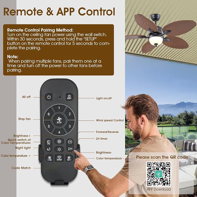 Wiviniya 50 Inch Tropical Ceiling Fans with Lights, Palm Leaf Waterproof Outdoor Ceiling Fan for Patios Porch, Remote/APP Control, Wet Rated, Glass Lampshade, Quiet DC Motor, Dimmable LED, Brown