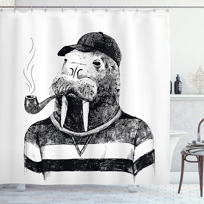 Ambesonne Indie Shower Curtain, Hand Drawn Dressed up Walrus Animal Long Teeth Smoking Antromorphic Sketch Art, Cloth Fabric Bathroom Decor Set with Hooks, 69" W x 70" L, White Black