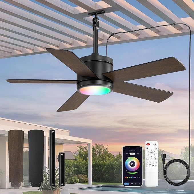 Fanbulous 42" Outdoor Ceiling Fans with Lights, APP Remote Control, IP65 Waterproof, RGB Dimmable Light, Plug-and Play,10FT Cord, 6-Speeds, 3CCT, Hook Hanging Fan for Gazebo Patio Porch Canopy(Black)