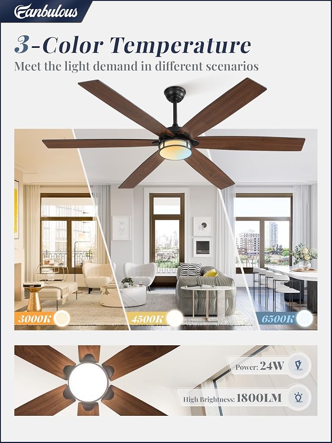 Fanbulous 65 Inch Ceiling Fans with Lights, Farmhouse Large Ceiling Fans with Remote, Black&Brown Modern Ceiling Fan with LED Light, Quiet DC Motor for Living Room, Bedroom, Kitchen, Indoor