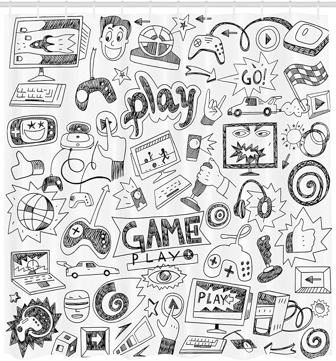 Ambesonne Video Games Shower Curtain, Monochrome Sketch Style Gaming Design Racing Monitor Device Gadget Teen 90's, Cloth Fabric Bathroom Decor Set with Hooks, 69" W x 70" L, Cream and Black