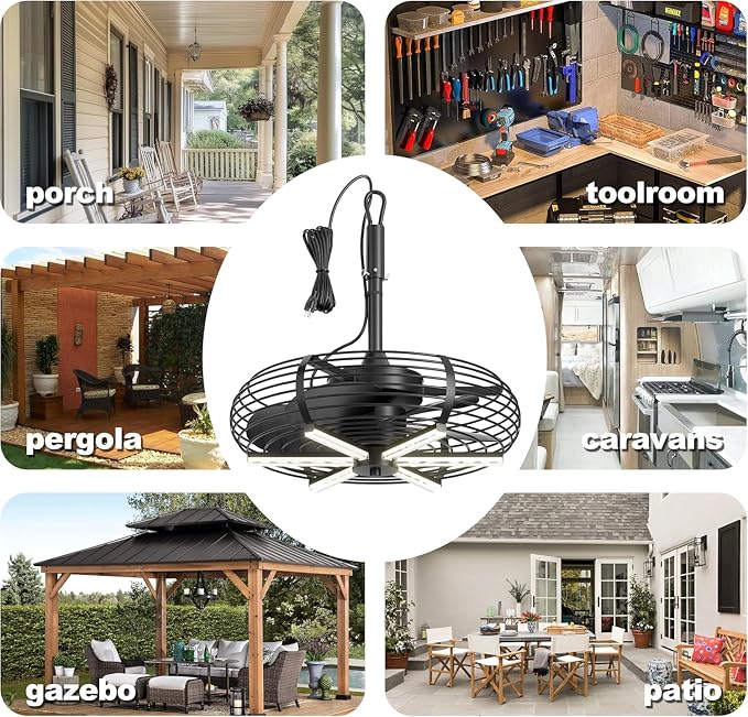 Coolbull Outdoor Ceiling Fans with Lights, 20'' Hanging Fan, Plug and Play | Wet Rated, Remote & APP Control Outdoor Fan with Hook for Gazebos, Patios, Porches, Wood Color