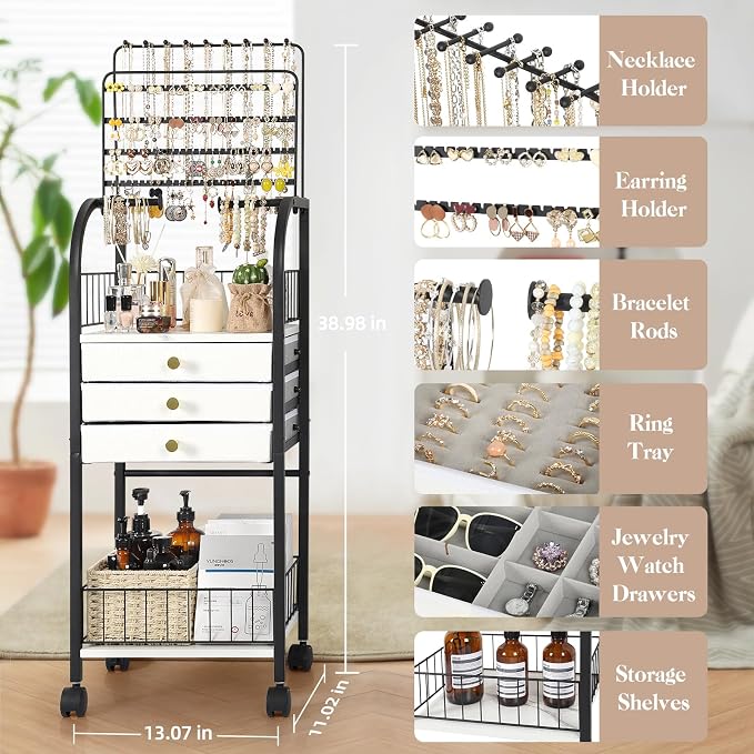 Keebofly Large Floor Jewelry Organizer Stand with 3 Drawers - Black | Mobile Jewelry Tower Holder with Display, Large Capacity Rack for Necklaces & Rings, Perfect Storage Gift for Women