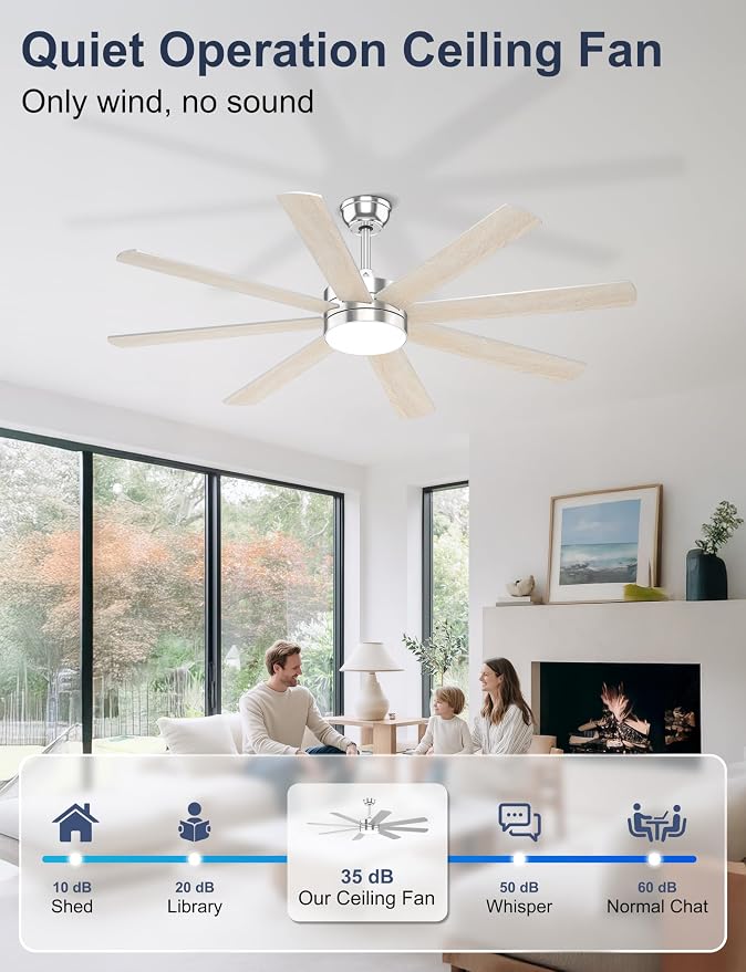 60'' Silver Ceiling Fan with Lights for Indoor/Covered Outdoor | Remote/APP Control, 3CCT Dimmable, Quiet DC Motor, Reversible Airflow, 8 Blades Modern Overhead Fan for Patio, Living Room