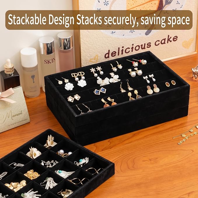 Frebeauty Jewelry Trays for Drawer,Set of 2 Jewelry Organizer and Storage | Velvet Material,Stackable,Adjustable Dividers,Drawer Inserts for Rings Studs Bracelet,Earring Organizer for Women Girls