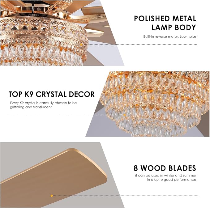 72"Large Golden Crystal Chandelier Ceiling Fans with Lights and Remote/APP | Supports Remote and APP,Reversible 6 Wind Speeds,60W Quiet AC Motor,8 Wooden Blades,4*E12 LED Bulbs Included,for Living Room