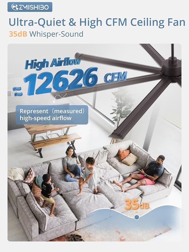 ZMISHIBO 84 Inch Ceiling Fans with Lights, Indoor/Outdoor Industrial Ceiling Fan with 8 Aluminum Reversible Blades, Quiet DC Motor, 3CCT&6-Speed Remote Control, Damp Rated for Living Room/Garage/Porch