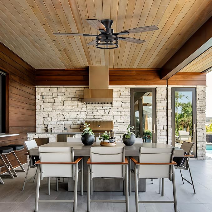 52 Inch Flush Mount Ceiling Fans with Lights and Remote Control, Low Profile Farmhouse Ceiling Fan for Bedroom Living Room and Patio, Black Caged Ceiling Fan for Indoor and Outdoor