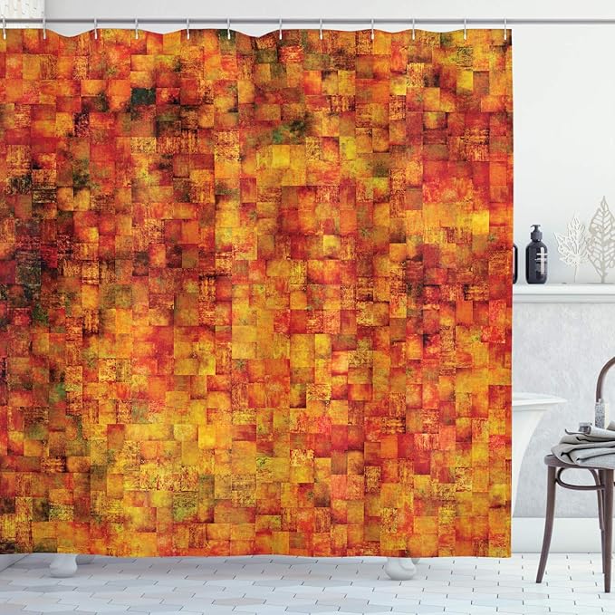 Ambesonne Burnt Orange Shower Curtain, Vintage Mosaic Background Quadratic Little Geometric Squares Faded Print, Cloth Fabric Bathroom Decor Set with Hooks, 69" W x 75" L, Orange Mustard