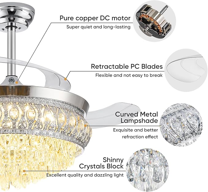42" Fandelier Ceiling Fan with Light, Crystal Retractable Ceiling Fan with Lights and Remote, Chandelier Fans for Bedroom Living Room, Reversible DC Motor, Dimmable, 6 Speeds - Chrome
