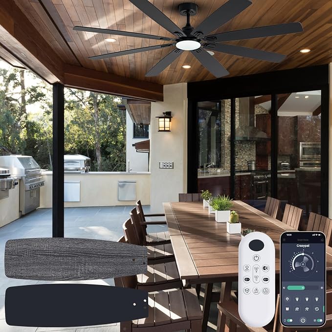 Coolwind 72in Large Outdoor Ceiling Fan, Display Remote&APP Control, Black 8 Blade Ceiling Fan with Light, 6 Speeds, Dimmable, Silent DC Reversible Motor, Double Sided Blade for Patio, Porch