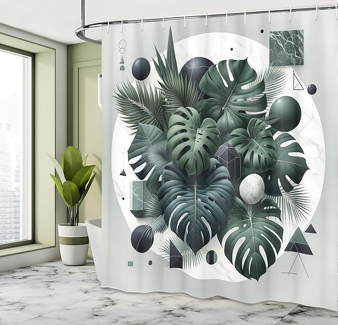 Ambesonne Dark Green Shower Curtain, Tropical Leaves Monstera and Palms on Marble Print with Geometric Shapes, Cloth Fabric Bathroom Decor Set with Hooks, 69" W x 84" L, Pale Grey Emerald