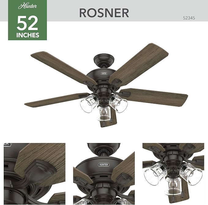 Hunter Rosner, Indoor, Ceiling Fan, Standard Mount, 52 inch, Noble Bronze | with LED Lights and Pull Chain, 5 Blades, For Bedroom, Living Room, Kitchen, 3 inch Downrod, 52345