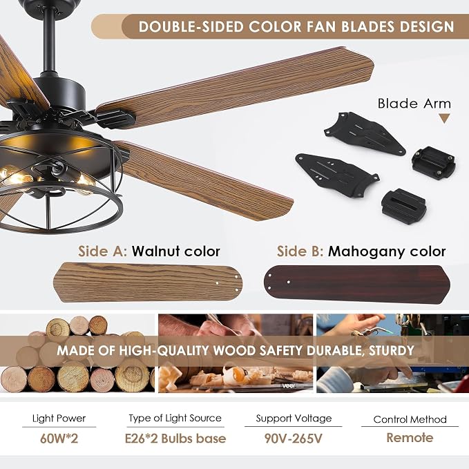 Hounberi 56" Rustic Farmhouse Ceiling Fan with Light and Remote | 5 Dual Finish Blades, 6 Speeds, Reversible DC Motor, Caged Rustic Ceiling Fan for Dining Room, Living Room, Bedroom, Porch