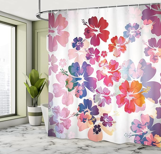 Ambesonne Hawaiian Shower Curtain, Exotic Floral Island Theme Tropical Hawaii Flowers Pattern Print, Cloth Fabric Bathroom Decor Set with Hooks, 69" W x 70" L, Pink Orange