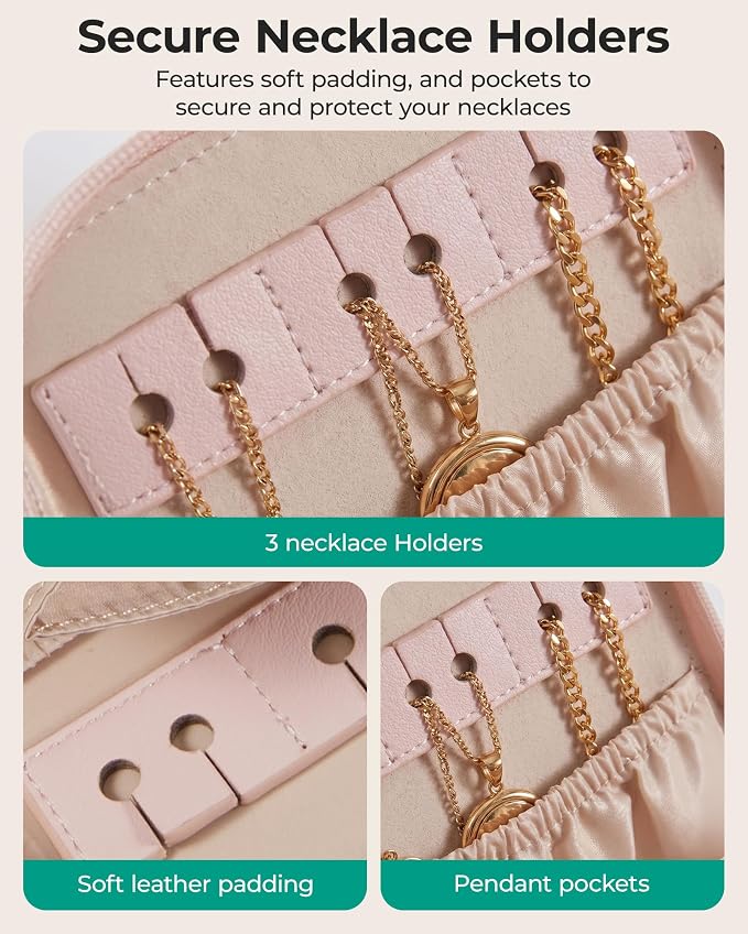 BAGSMART Travel Jewelry Case, Leather 2-Zip for Rings Necklaces | 2 zippered pockets, removable inner pocket, 3 tangle-free clips, 3 elastic pockets, 2 leather snap straps for rings/earrings
