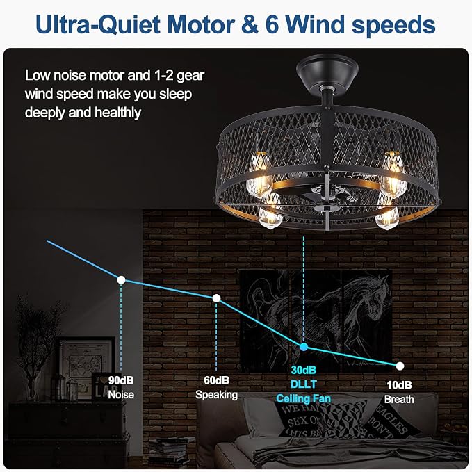 DLLT Caged Ceiling Fan with Light: 20" Farmhouse Fandelier with Lights and Remote Control - Black Rustic Semi Flush Mount Bladeless Ceiling Fans Enclosed Fan for Bedroon Kitchen Living Dining Room