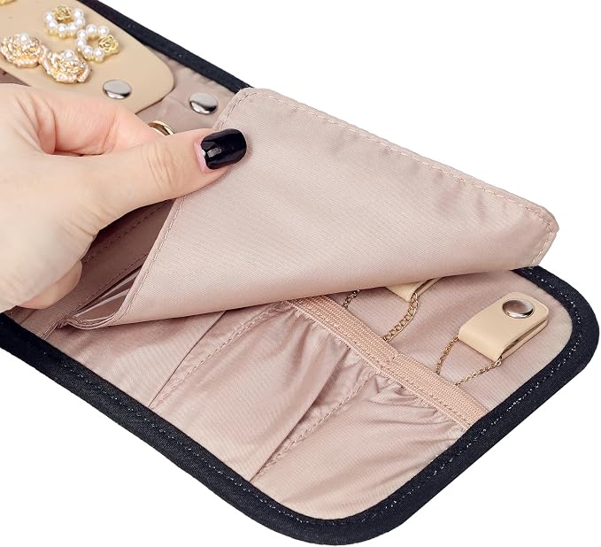 BELALIFE Travel Jewelry Case, Jewelry Organizer Roll for Accessories | Bag with foldable roll design for earrings, necklaces, rings, bracelets and brooches, Black