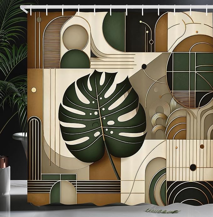 Ambesonne Modern Shower Curtain, Exotic Boho Concept Monstera Leaf with Mid Century Arch Lines Tan Tones, Cloth Fabric Bathroom Decor Set with Hooks, 69" W x 70" L, Hunter Green Eggshell