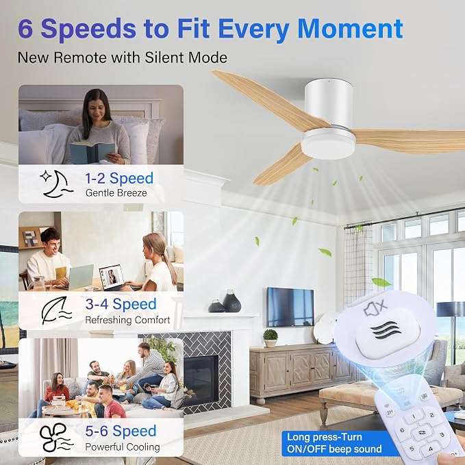 42 Inch Smart Ceiling Fans with Lights Remote,Low Profile Ceiling Fan Control with WIFI Voice Alexa App,Modern Flush Mount Fan for Small Bedroom,Patio,Porch,Outdoor Indoor,White& Wood,Quiet DC Motor