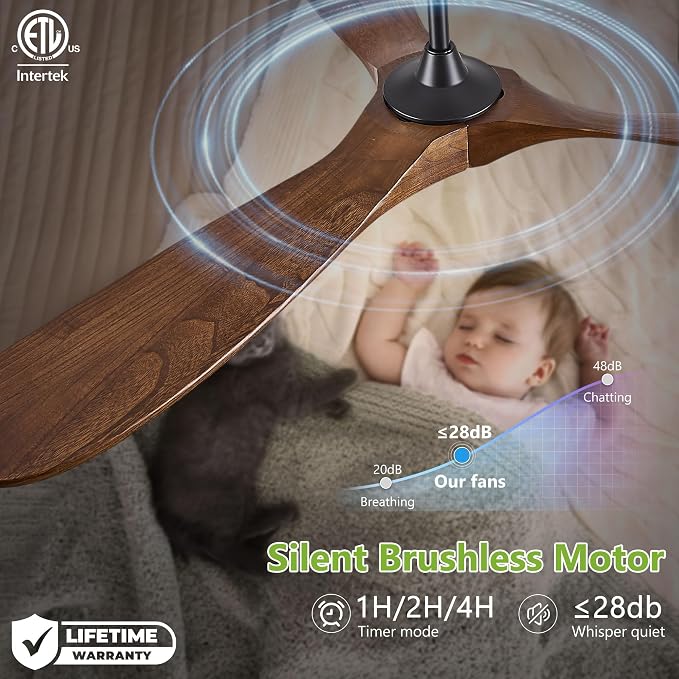 52 Inch Outdoor Ceiling Fans Without Lights, Wood Ceiling Fan no Light with Remote Control and Quiet BLDC Motor, Indoor 3 Blade Propeller Fan Damp Rated for Rustic Patios Farmhouse Porch, Dark Walnut