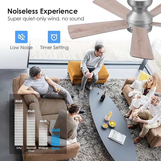 46" Ceiling Fan with Lights Low Profile, Flush Mount Ceiling Light with Remote and 5 Blades, Mute Reversible Motor, 6 Speeds and 3CCT Dimming, Modern Fan Light for Indoor Bedroom, Silver