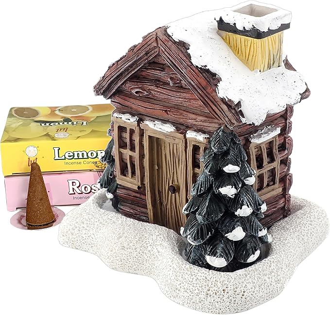 Lovely Log Cabin Incense Burner, Mini Snowy Winter Chimney Cottage Ash Catcher, Yoga Accessories Meditation Accessories, Home Chimney Decorations, 20 Pcs Handmade Incense Cones