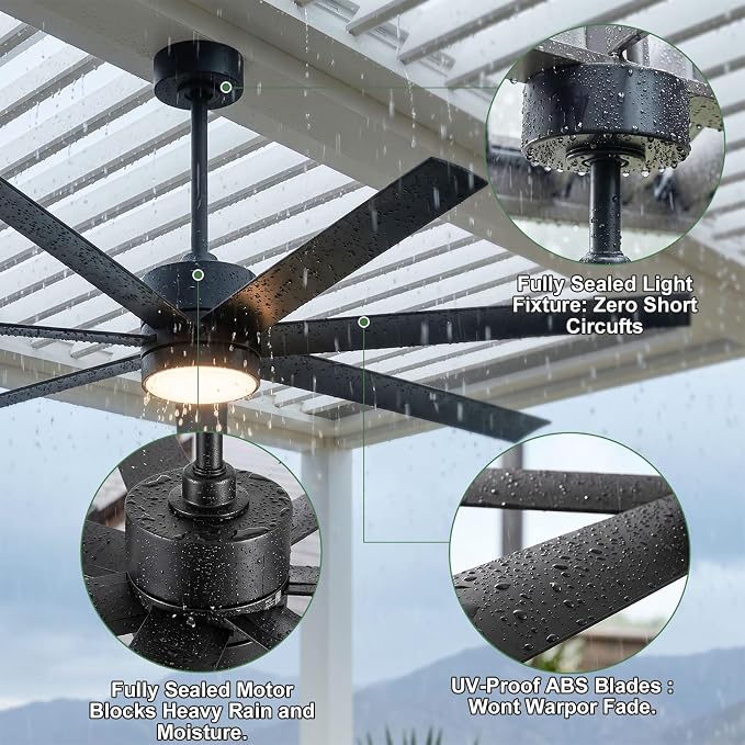 All Weather Wet-Rated Outdoor Ceiling Fan with Lights Waterproof for Patio, 56 Inch High CFM Black Outdoor Fan with UV Coating 7 Blades for Large Exterior indoor Gazebo Terraces, Porch, Commercial