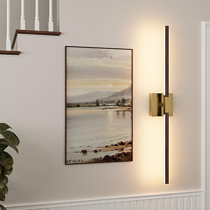 Rayogale Gold & Walnut Wireless Wall Sconce with Remote Control, 36 Inch | 3000/4500/6000K Dimmable 8000mAh Rechargeable Battery Wall Sconces Set of Two with Timer for Living Room, Bedroom