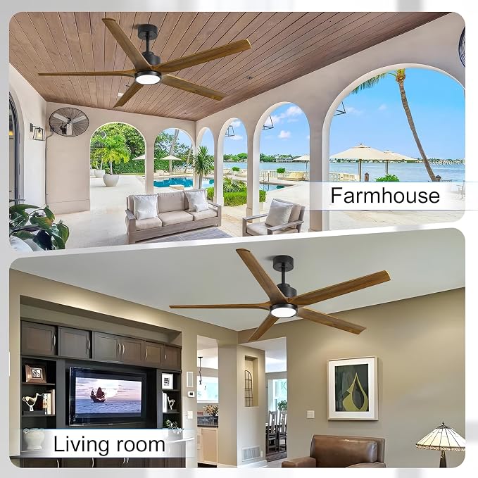 72 Inch Ceiling Fan with Lights and Remote, Outdoor 5 Wood Walnut Blades Ceiling Fans for Patios, Modern High CFM Farmhouse Ceiling Fans, Large Reversible DC Motor Ceiling Fan, Dimmable 3CCT, 6-Speed