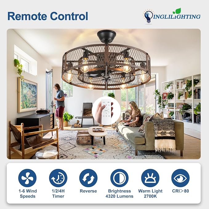 DLLT Caged Ceiling Fan with Lights: 26" Bladeless Fandelier with Light and Remote - Walnut Industrial Chandelier Fan Light for Bedroom Living Dining Room Kitchen