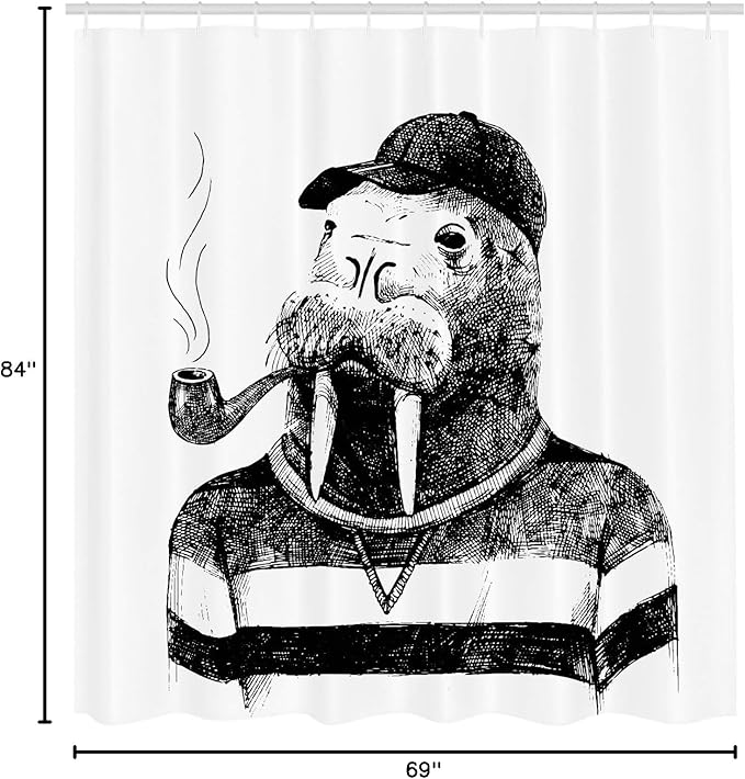 Ambesonne Indie Shower Curtain, Hand Drawn Dressed up Walrus Animal Long Teeth Smoking Antromorphic Sketch Art, Cloth Fabric Bathroom Decor Set with Hooks, 69" W x 84" L, White Black