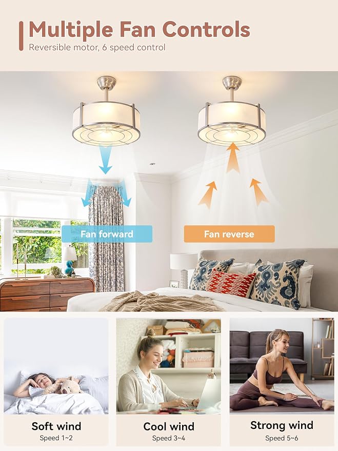 20" Silver Fandelier Ceiling Fans with Lights, Boho Rattan Ceiling Fan with Light Remote Control, Caged Mid-Century Modern with 6 Speeds for Bedroom, Nursery, Living Room