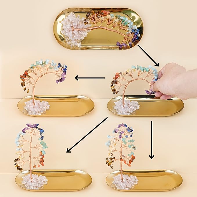 ZenBless 7 Chakra Healing Crystal Tree Incense Holder Palo Santo Sage Burner Brass Ash Catcher for Incense Sticks Coil Cones Yoga Meditation Zen Spiritual Room Home Decoration (Oval)
