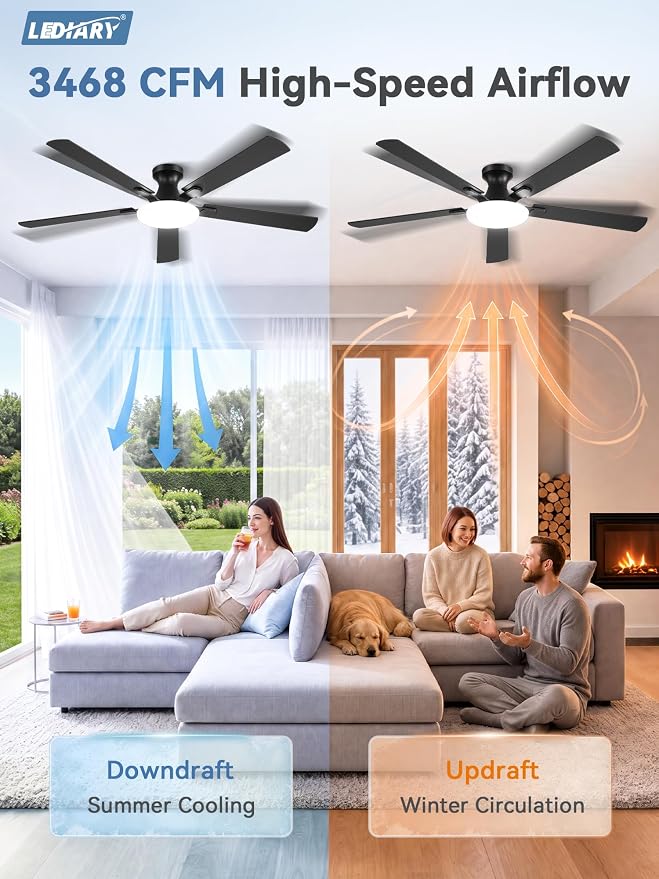 LEDIARY 60 Inch Flush Mount Ceiling Fans with Lights, Remote & APP Control | Bright Light, 3CCT, Memory Function, Timer, Reversible Blades, Quiet DC Motor, Damp-Rated, Living Room, Covered Patio, Adult