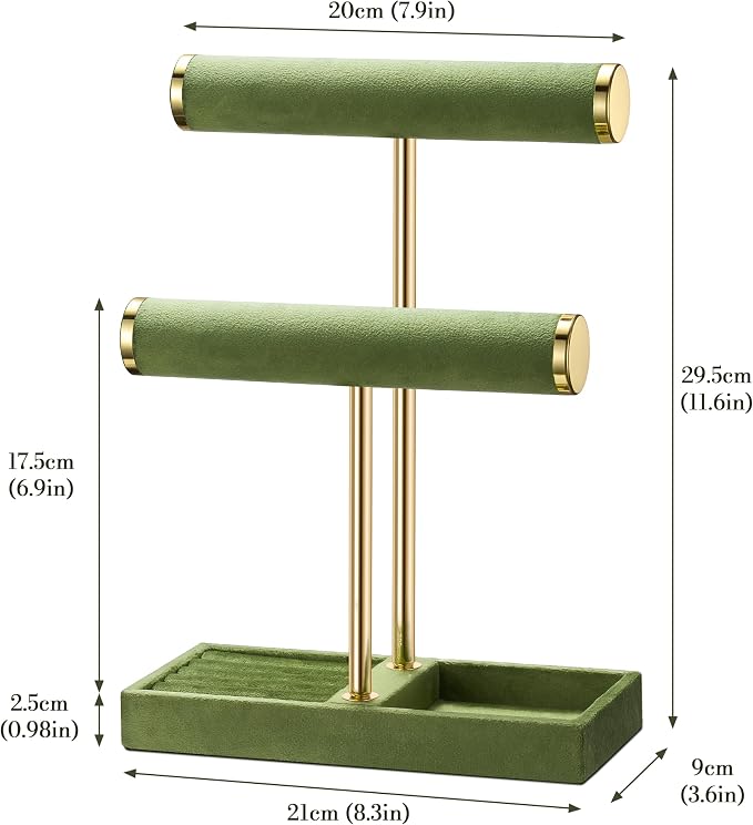 bussdis 2 Tier Bracelet Holder Display, Necklace Holder Organizer, Green | Velvet Necklace Holder | Jewelry Tree | Jewelry Towers | Jewelry Stand Organizer for Necklaces, Bracelets, Earrings, Rings