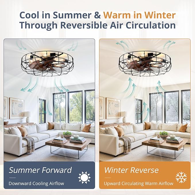 LEDIARY 26" Large Caged Ceiling Fans with Lights and Remote, Flush Mount Bladeless Low Profile, Farmhouse Industrial Enclosed Ceiling Fan for Bedroom, Kitchen, Indoor