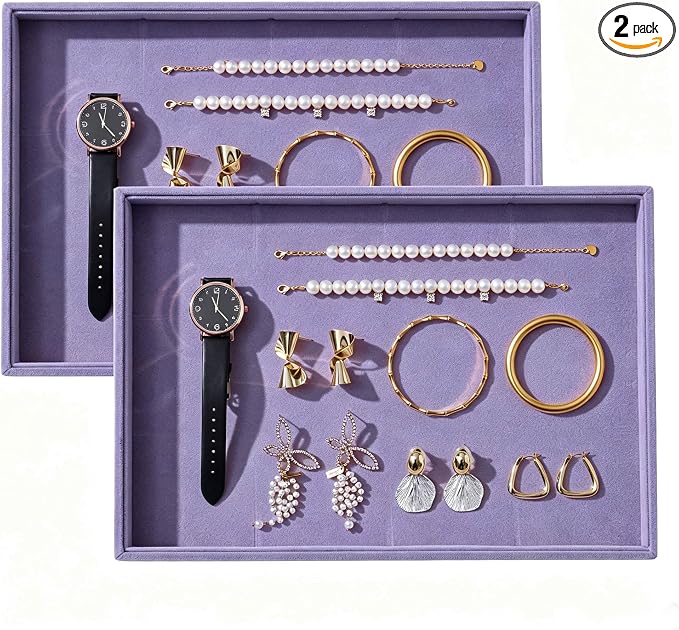 Large Velvet Jewelry Tray 2 Pack Stackable Jewelry Display Drawer Inserts Trays Organizer for Earring Bracelet Necklace Ring (Purple, 1 Grid)