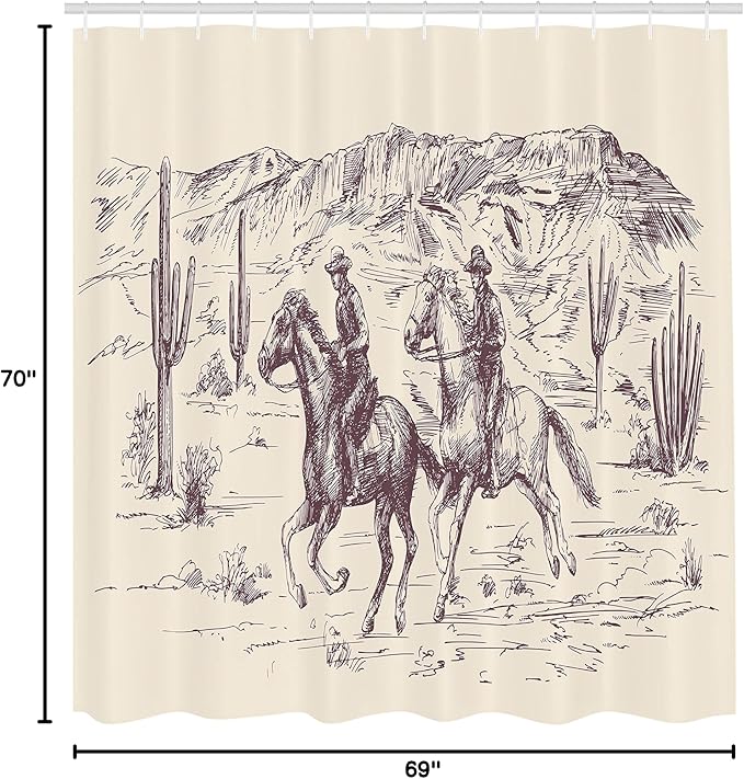 Ambesonne Western Shower Curtain, Country Theme Hand Drawn Illustration of American Wild West Desert with Cowboys, Cloth Fabric Bathroom Decor Set with Hooks, 69" W x 70" L, Plum and Cream